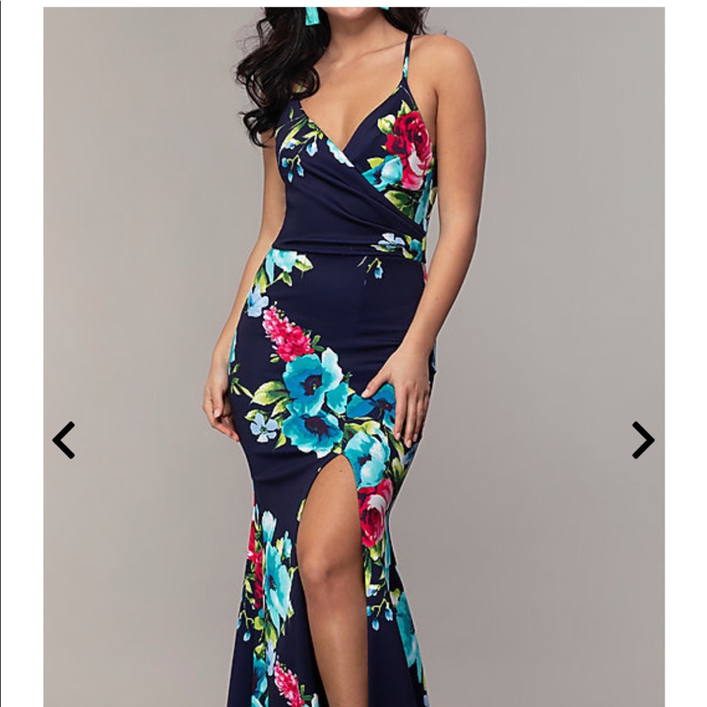 Long Floral-Print V-Neck Prom Dress